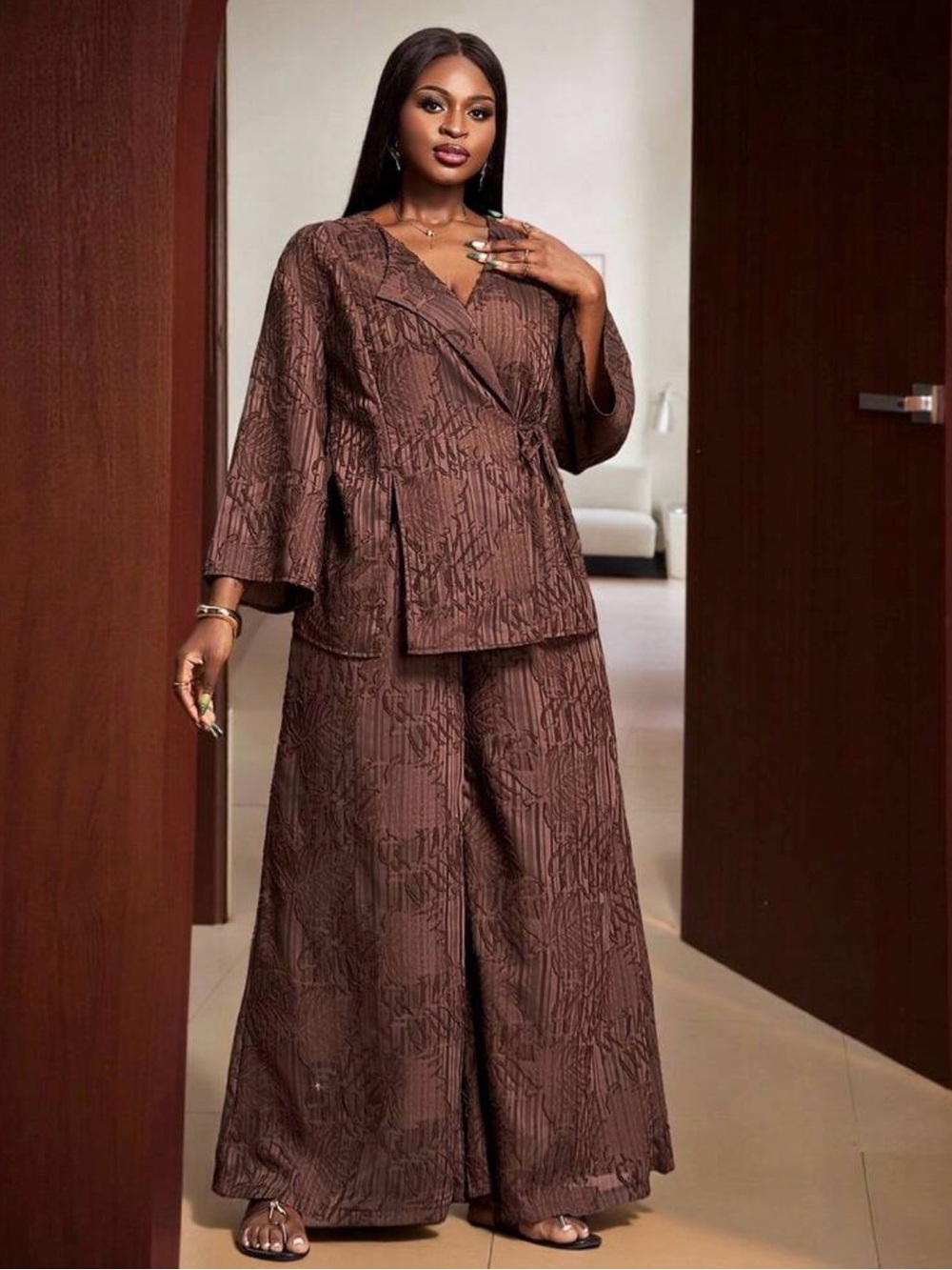 Wide-Leg Brown Textured Two-Piece Jumpsuit Set